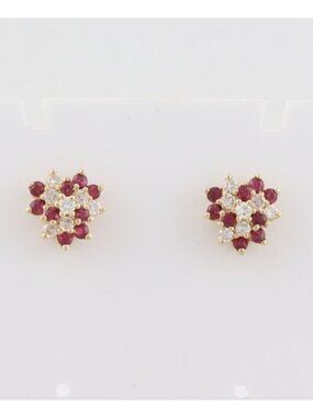 14k Yellow Gold Natural Ruby & Diamond Cluster Earrings Studs 3/8" Round